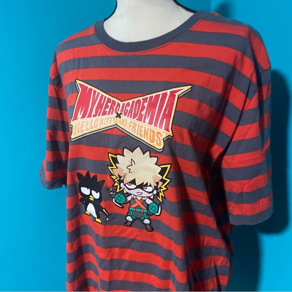 My Hero Academia Hello Kitty Red Orange Grey Striped Short Sleeve T-Shirt - Picture 2 of 3